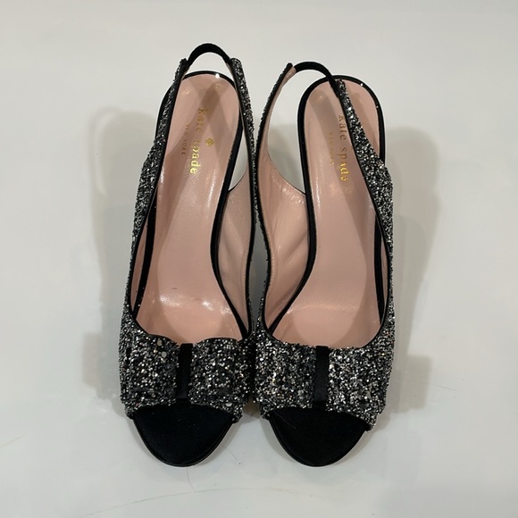 Kate Spade Glitter New York Heels Sandal Size 9.5 Black Silver Bow EUC - Picture 2 of 9